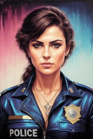 A potrait of a 80's police woman, miami| centered| intricate| highly detailed| breathtaking beauty| precise lineart| vibrant| comprehensive cinematic| guy denning, Sandra Chevrier, 8k, hdr, vice city