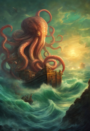 polvo atacando um navio no oceano com um navio ao fundo, An album cover by Lovecraft, Shutterstock, Surrealismo, Lula de Cthulhu, mixture of tentacle creatures, Cthulhu subindo do oceano, foto de cthulhu, leviathan cthulhu squid, Cthulu, Criatura marinha lovecraftiana, Polvo Gigante, fenda, cephalopod, Mitos de Cthulhu, tentacle monster