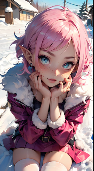 cute loli elf,(((little loli,tiny little body,little))),(((6 years old))),((anime elf loli with extremely cute and beautiful fuchsia hair)), (((elf))), (((elf ears))),

(((flat chest))),((((fuchsia hair:1.35,short fuchsia hair,colored inner hair,ear breathing)))),((heterochromia,eye1 fuchsia,eye2 pink,perfect eyes,upturned eyes:1.3,beautiful detailed eyes,finely detailed beautiful eyes:1,big highlight on eyes:1.2,slanted eyes)),(((freckles on the face,freckles,freckled girl))),(((lustrous skin:1.5,bright skin: 1.5,skin tanned,shiny skin,very shiny skin,shiny body,plastic glitter skin,exaggerated shiny skin,Reflective skin))),(delicate detailed fingers,detailed body,detailed arms,human hands,(detailed face)),

cute,slutty,erotic,daring,(((nsfw))),

zettai ryouiki,revealing clothing,show skin,(((Sexy pink fur coat, pink fur coat outfit, wearing a pink fur coat:1.3,pink winter coat))), ((pink mini-skirt,pink mini skirt with furry edge,visible thong straps)),(white gloves,pink clothes,semi-naked,with little pink clothing,((((furry edge clothing)))),(detailed outfit,detailed clothes),

((lying)),upturned eyes:1.3,embarrassed,centered,scale to fit dimensions,Rule of thirds,

(((lying on the snow, top view)))winter,detailed background:1.25,snow covered,lots of snow, snow,snow forest background,(((Glowing Snowflakes,Glittering Details))),

(best quality),(high resolution),(sharp focus),(ultra detailed),(extremely detailed),(extremely high quality artwork),8k_wallpaper,(extremely detailed CG 8k),(very fine 8K CG),((hyper super ultra detailed perfect piece)),flawless,(((masterpiece))),illustration,vibrant colors,(intricate),High contrast,Selective lighting,Double exposure,HDR (High Dynamic Range),Post-processing,Background blur,