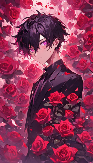 a purple-black-haired, purple-eyed man with a head of red-rose and a black-royal-suit, engulfed in turbulent roses, roses behind him, detailed digital anime art, 1 boy, engulfed by roses, holy roses spell, handsome guy in demon slayer art, carrying an apple, by Yang J, completely composed of roses