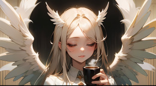 Picture of a girl with a cup of coffee and angel wings, beautiful angel girl, close one eye, beautiful angel, angel girl, beautiful angel portrait, beautiful angel girl portrait, angel, angel, coffee dark angel, winged girl angel, adorable digital painting, angel themed, angel, beautiful female angel, young one angel