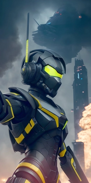 Black and yellow battle mech(exo-armor) with (slender female figure)++, [Artstation-style : Insectoid-style : Hans Rudy Giger], (((selfie pose))), stunning detail sci-fi mask (O/\O)++, material with reflections yellow body ([Insectoid : battle mech(exo armor) stunning detail with jetpack | Insectoid : sci-fi combat mech(exo-armor) with stunning detail with jetpack | sci-fi combat mech(exo-armor) yellow with stunning detail and lots of fine detail])++, bright yellow polymer armor elements with identifying marks, (black elements with reflections)+++, (deep black color) innards (wires, joints, hoses, manipulators), (background of highly detailed futuristic city with combat action (explosions, shrapnel, dust, smoke, fog, ash)++)+, natural textures, natural reflections, black background, eerie, scary, top down view, dramatic staging, stunning quality, ultra high shutter speed, cinematic shooting, ultra high resolution, photorealistic, 8k, UHD, hyper-realistic, rembrand lighting