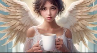 Picture of a girl with a cup of coffee and angel wings, beautiful angel girl, close one eye, beautiful angel, angel girl, beautiful angel portrait, beautiful angel girl portrait, angel, angel, coffee dark angel, winged girl angel, adorable digital painting, angel themed, angel, beautiful female angel, young one angel