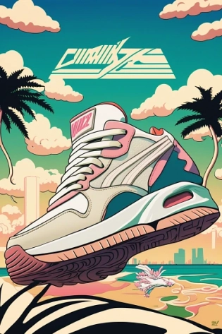sneaker poster design, inspired by Harumi Hironaka, y2k, 2000s fashion, 2000s, digital art, high detailed cartoon, miami. illustration, highly detailed illustration, a beautiful artwork illustration, summer setting --ar 2:3 --q 2