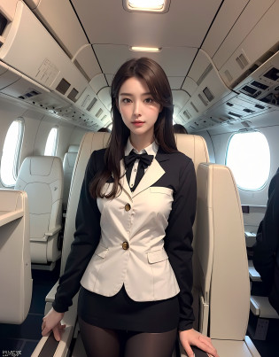 best quality, masterpiece, 8k, ultra high res, (photorealistic:1.4), highly detailed, intricate detail, delicate and beautiful, good lighting, professional lighting, sharp focus, detailed shadows, exquisite details and textures, depth of field, unity 8k wallpaper, cinematic composition, cinematic lighting, official art, Cabin Crew, flight attendant, black pantyhose, (aircraft, (Aircraft Corridor), Aircraft seats) beautiful elegant face, detailed face, detailed eyes, realistic hair, long hair, (1girl), (standing:1.3),