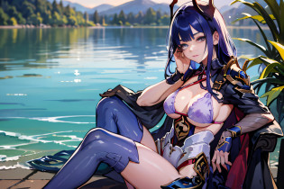 (NSTDA.:1.2), (10, beste-Qualit, master-piece: 1.4), ultra-high resolution, (lifelike, photorealistic portrait: 1.48), 20 age, Cute Girl, (See through the microcolor bikini beetle:1.48), Famous Japanese actors, (hair over one eye:1.3), Blue Eyes, Head tilt, cowboy shot, from the side, looking at the audience, expressionless, Beautiful lake, Zeiss 150mm F/ 2.8 Hasselblad,  Whole body, foot, Ultra-Wide Angle, The backyard is a beautiful sea............... ,