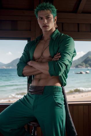 (((masterpiece+best quality+high resolution+ultra-detailed))), zoro\(one piece\), nariz alto, olhos afiados, noble and inviolable temperament, (([masculino]: 1.2 + [bonito]: 1.2 + cabelo verde: 1.2)), fundo de navio pirata, (one piece), roronoa zoro, cabelo verde cortado, tiro de cowboy, cicatriz no olho, macho musculoso, (empunhadura dupla:1.2), katanas, folded arms, roupas japonesas, quimono verde, Dynamic angle and posture.
Nome: Roronoa Zoro Idade: 21 anos Altura: 1,81m Peso: 78kg Origem: East Blue, Physical description: Zoro is a skilled swordsman with a distinctive appearance. He has messy green hair and three scars on his left eye, resultado de seu treinamento rigoroso. His athleticism and defined muscles reflect his strength and physical prowess. He is usually seen wearing an open shirt and green pants, in addition to carrying his three swords on his back. Personalidade: Zoro is known for his serious and determined nature. He is highly loyal to his friends and is willing to risk his life to protect them. Sua busca incessante para se tornar o espadachim mais forte do mundo muitas vezes o leva a treinos intensos e a desafiar poderosos oponentes. Despite its intimidating appearance, Zoro has a dry sense of humor and often engages in funny moments with his crewmates.