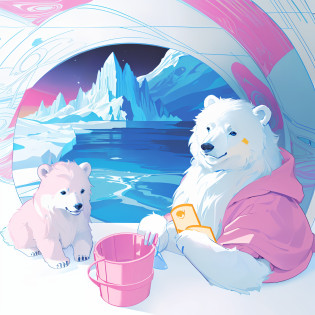 Arctic glacier: Two polar bears sit next to buckets eating fish, Clean coloring book page in coloring book style, coloring book page, Coloring book outline, coloring page, line art colouring page, Children\'s book drawing, in an igloo, Glacier coloring, Bears, Children\'s illustration, coloring page, children illustration, coloring book, children's book illustrations, colouring - in sheet?Picture books