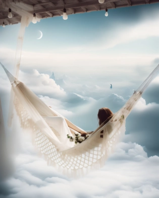 there is a woman laying in a hammock in the clouds, dreamy ethereal vibe, fantasy and dreams vibes, relaxing mood, dreamy atmosphere, detailed dreamscape, dreamy scene, far away dreamy atmosphere, dreamy aesthetic, dreamy vibe, lie on white clouds fairyland, dreamlike atmosphere, dreamy night, in the astral plane ) ) ), lucid dreaming, surreal dreamscape, relaxing atmosphere