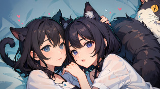 2 girls? {{masterece-piece}}, {{{best qualiy}}}, {{Ultra Verbose}}, , Short Hair,Purple eyes,navy hair?Lie down and hug each other?{{masterece-piece}}, short wavy hair, Black Hair, black cat ear, Blue eyes?Lie down and hug each other?Background on bed
