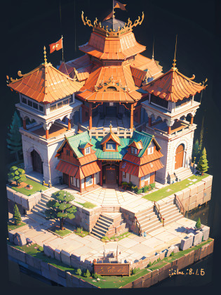(isometry:1.5),tmasterpiece,HighestQuali,8K,?Isometric 2 of the Pumice Castle.5D art?,Dreamy Westward Journey style,Chinese-style architecture,Wooden stage,platforms,Chinese-style theater stage,Plaza,Japanese-style structure,Q version --v 6