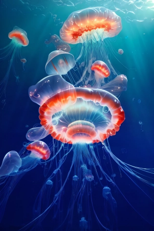 Multiple Alien jellyfish floating in a fantastical ocean, Sci-Fi, Fantastic, Dramatic lighting, God rays, Underwater particles, bubbles, eerie aesthetic, Aquatic, Vivid colors, UHD, HDR, 8KModel: FaeTastic