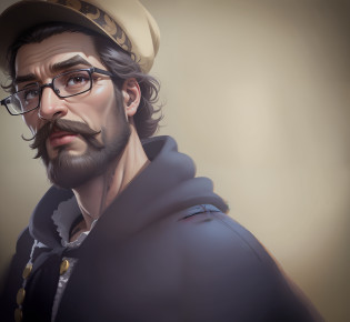 Man with beard, mustache, glasses, blouse and cap. Create a funny and highly detailed caricature from the photo provided. Use advanced illustration techniques to capture the distinctive traits and characteristics of the person portrayed. Exaggerate in a fun way the facial features, such as eyes, mouth, nose and expressions, according to the caricature style. Thoroughly detail the individual characteristics, such as wrinkles, freckles, hair and accessories, in order to make the caricature recognizable and unique. Add humorous elements and exaggerated expressions to create a funny and entertaining effect. The goal is to produce a highly detailed caricature that is both funny and true to the appearance of the person portrayed