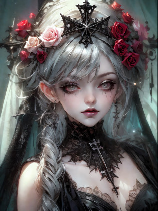 HighestQuali?tmasterpiece?1.2?Detailed details?1 Gothic girl?Black wedding dress?Gorgeous headdress?Bust?Rose flower?crosses?silver ornaments?brunette color hair?redheadwear?blond hairbl?paleskin?Black lipstick and eye shadow?Accessories include the Cross Medal?Pentagram?crosses?cloaks?shawl?Sexy?chies?a lit candle