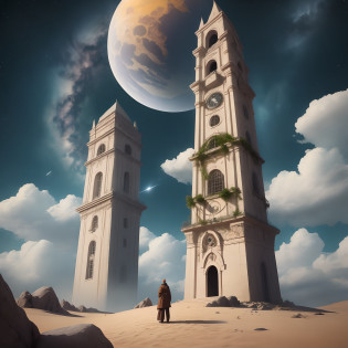 Numa era distante, em um mundo de pedra e progresso, Visualize a wise man in simple clothes, equilibrando-se entre as nuvens na antiga Torre de Babel. He watches the heavens with curious eyes, attentive to the clues that the winds and stars offer. Your task is to decipher the secrets of time, Guiding tower builders with predictions about impending climate change, permitindo que eles escolham os melhores momentos para empilhar tijolos e pedras, in an attempt to touch the heavens