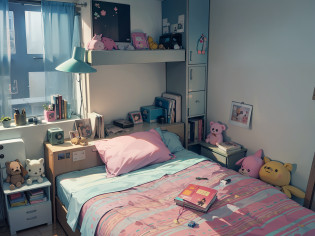 There is a bed?There was a pink pillow?There are a lot of stuffed toys on it, small and cosy student bedroom, bed on the right, inside bedroom, studyng in bedroom, in a  bedroom, interior of a small room, Small room, cute room, inside a child's bedroom, Bed room, A bright room, Dimly lit bedroom, furnished room, small bed not made