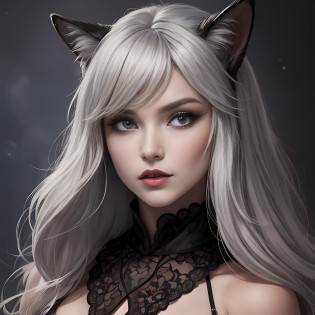 louve corps femelle, fourrure pourpre, longues griffes d'argent, les bras tendus, visage femme-loup, peau noire, yeux roses, pink lips, Prominent silver canine