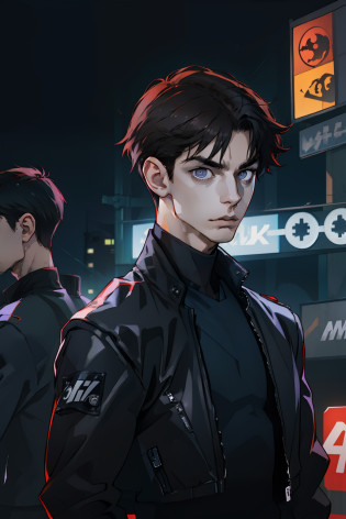 (absurdes, ah high, ultra detialed), ciberpunk, 1 male, ??, youth, Young guy,  tall muscular guy, skinny shoulders, beutiful, dark colored hair, Short Hair Hair, dark grey eyes, forehead, angular jaw, Thin neck,  ciberpunk, Neon lights in the background, upper-body, The entire upper body is visible, leather jacket, teenaged, gaze at the viewer, stands upright, You can see the entire upper body up to the waist