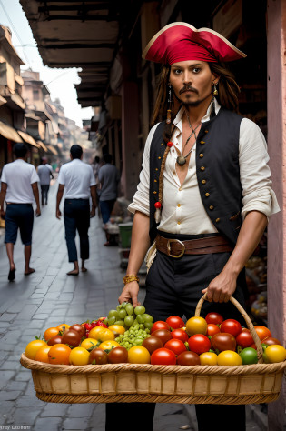 pirates captain with a basket of fruit on a street, streets of calcutta, captain jack sparrow, on in indian street, street vendors, jack sparrow, selling tomatoes, johnny depp, street market, style steve mccurry, inspired by Steve McCurry, portrait of captain jack sparrow, handsome man, portrait of johnny depp, rastafarian, salsa vendor, india