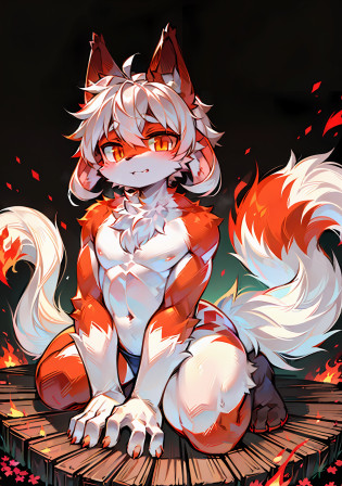 (eyes with brightness+panoramic lens+Independent role),(Big red male cat:1.3+Golden eyes+Long white hair+bare full body+Young appearance+Juvenile body type),(height of one meter seven+Muscle lines are pronounced+Red and white fox tail+The chest is painted with red peach blossoms+The ears are painted with a red flame pattern+There is a red flame pattern on the thigh+The tail has a red flame pattern at the end):1.2