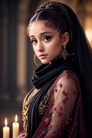 resolution,Intricate portrait of a beautiful Ariana Grande,triadic colors,8k,illuminated by warm litted candles,with a backdrop of eerie dungeion . stunning interpretive visual,maximalist scarf and veil. f1.0lens,tilt-shift,shalllow DOF. dramatic lighting. chiaroscuro,