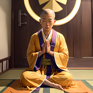 A close-up of a baby in a monk's costume?There is a halo, monk clothes, Buddhist, monk meditation, monk, dressed in simple robes, prayer meditation, monk, buddhist monk, 2 1 st century monk, Buddhism, Yellow robe, yellow robes, he is greeting you warmly, Divinity, peace, ancient japanese monk, wearing a long flowing robe