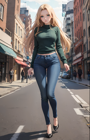 masterpiece, extremery magnificent view, perspective, extremery best quality, extremery detailed CG, 8k wallpaper, high resolution, highly detailed face, highly detailed eyes, perfect anatomy, super detailed skin,
(dynamic angle, dynamic pose:1.2), outdoors, city street, (portrait, legs focus, full body), (beautiful face, beautiful eyes, beautiful legs:1.3), 
1 girl, solo, (green sweater, blue jeans pants:1.3), (skinny jeans:1.3), medium breasts, blonde hair, long hair, straight hair, open forehead, (black heels), blue eyes, skinny, slender, wide hips, thin waist