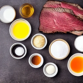 Close-up top view of ingredients for making a brisket stew. Selective focus. Include black pepper. The backdrop is a rich rustic wood in white with textured wood finishes