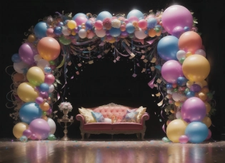 The composition is a tour de force of hyper-maximalist techniques, featuring a dizzying array of intricate details and flourishes. The foreground is filled with a plethora of objects and symbols, each of which contributes to the overall sense of joviality and lightheartedness. From balloons and confetti to streamers and party hats, the scene is awash with a riot of color and movement.