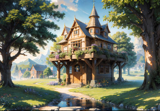 (absurdres, highres, ultra detailed, HDR), masterpiece, best quality, legend of mana town, dawn of mana console, portrait of a place, nostalgic place, town of lumina, detailed scenery,  in a legend of mana town, lumina, place town, scenery, professional photo, treehouse style town detailed scenery, detailed background