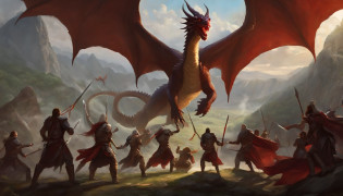 Painting of a group of people with swords and red dragon in the sky, battle with dragon, dungeons and dragons art, epic fantasy art, epic fantasy game art, d & D Arte Digital Fantasia, Epic Fantasy Digital Art Style, Dungeons and Dragons Arte de fantasia, d & d fantasy art, epic fantasy painting, d & d fantasia pintura digital, surpreendente d & D arte
