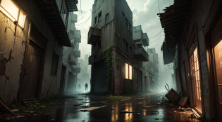 (Armageddon)?Dilapidated city?Plants climbing all over the walls ?Night?raining heavily?Black rain?Dilapidated streets?Dimly lit alley??gloomy lighting??relic?(Dilapidated buildings)?(Uninhabited city) --auto
