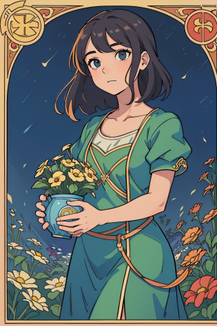 tarot cards?Full tarot border??best images quality??(The image is surrounded by a tarot card-style border:1.5)??8k�wallpaper???best images quality???Extremely detailed description??tarot card art,tarot card art, tarot design, beuaty girl?The most beautiful girl in the world?gardener??blue-sky?Bokeh background?gardening?Take a sprinkler jug?2??quadratic element??hoang lap?A high resolution?hyper-detailing??Visual storytelling?capturing moments?historical records?social commentary?Powerful images?mosaic art?small?Colored inlays?Intricate patterns?Tile design?Durable surface?Time-honored technology?one-girl?Flat coating?a warm color palette?Beautiful female?Idyllic?Adults?gardening?Hand-held gardening scissors?