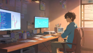 There was a man sitting at his desk?There are two computer monitors, sitting in front of the computer, sitting in front of the computer, looking at monitor, Displays a stock chart, sitting at a computer desk, in front of a computer, Trading, Trade stocks,