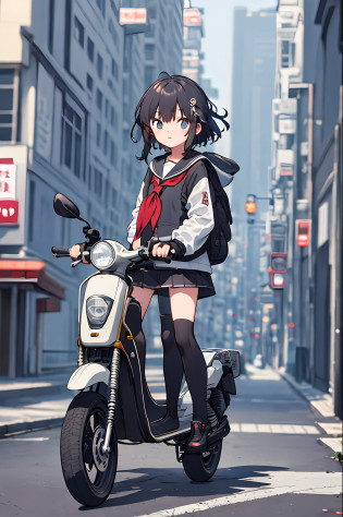 tmasterpiece?best qualityer?1girl????jaket?Hand in pocket????serafuku?Stockings?bookbag?Black hair??The eye?cyber punk perssonage?the street?Machinary?motorvehicle?Scooters?in a panoramic view?shelmet?speed-line?motionblur?depth of fields?ssee-through?in a panoramic view?Riding?Floating hair?the night?neon trim