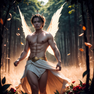Gorgeous Male Fairy Man with White and Golden Wings, Rose Petals Flying, Crown of Flowers, Wide-angle Film, Twilight Lens, Soft Lighting, Dynamic Angle, Full Body, Bokeh, Rose Petals Flying, Crown of Flowers, Thin Cloth Flying in Background Like Mist, Dark Forest in Background With Thick Mist, Wide-Angle Twilight Lens Film Directed By Peter Jackson : :20 HR delicacy, beauty, full body, lush vegetation blurred background, vibrant colors, lush light, soft light, sunset light, smooth light, symmetrical, full body, reflections, dynamic HDR lighting, 8k resolution, cinematic film, smooth, sharp focus, realistic, strobe light beams, (((blurred background)):1.7, (((depth of field)) ):1.8, cinestill 800t 35mm, high quality, heavy grain, high detail, cinematic composition,  dramatic light, anamorphic, ultra wide lens, hyperrealistic