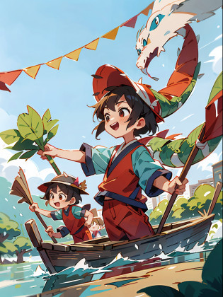On this warm Dragon Boat Festival, children in the village prepare to celebrate this traditional festival in the river. They wore a variety of colorful clothes, some red pants, some blue hats, and some brightly colored floral shirts. They lined up in two rows by the river, holding long oars, eagerly waiting for the race to begin.

A group of kind and enthusiastic adults gathered on the shore, waving brightly colored flags and cheering.

The children worked hard to paddle the dragon boat on the water. Their oars rowed together and worked together very well, allowing the dragon boat to draw a graceful arc on the water. They encourage each other, motivate each other, and move forward like a close-knit team.

The adults on the shore were even more excited to see such a performance. They kept encouraging the children and shouted out the loudest. They waved flags and blew horns, filling the entire river with cheers and applause.

After some time of racing, the children successfully crossed the finish line and received warm applause and cheers from everyone. The whole village is surrounded by the joy of the Dragon Boat Festival, which makes all the people feel extremely happy and satisfied. This dragon boat race is not only a sports day, but also an unforgettable holiday celebration.