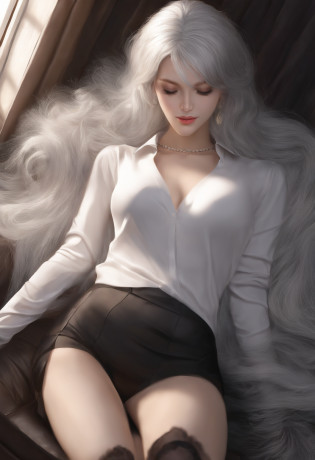 (((1 girl)),Ray tracing,(Dim lighting),[Detailed background (livingroom)),((Silver hair)),(Silver hair)),((Fluffy silver hair, plump and slender girl)) with high ponytail))) Avoid golden eyes in the sinister living room ((((Girl in white opaque shirt, Black wrinkled skirt and black transparent stockings), showing delicate and slender figure and graceful curves, Correct limbs, Hands behind the head, Hands behind the head, Hands behind the head , Eye details, Beautiful eyes, Delicate eyes, Blue eyes