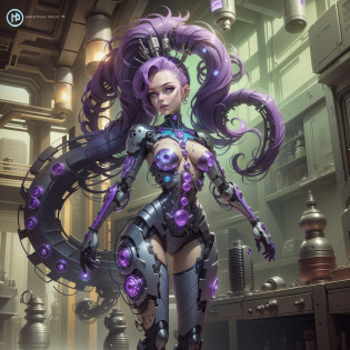 Rarity Cyborg Girl, Rarity of My Little Pony, bio organism, not human, mechanical parts, Curled hair, lush hair, long hair, bionic body parts, missing skin, completely cyborg, cybernetic organism, mnhpnic arms, mechanical legs, red glowing eye, full growth, full body, very detailed, ultra 8k quality, broken parts, holes in mechanisms, not a living organism, Runes and blue magic,  Lots of purple and white, purple lights, rhinestones and diamonds, amethyst earrings, lots of magic