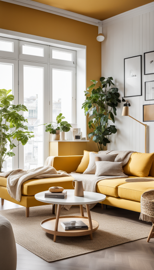Scandinavian style living room, lift table, yellow sofa, beige, beige and white, simple wall, bright atmosphere, sunny, multi-layer color, bright, gathering center, close-up, warm filter, hazyScandinavian style living room, lift table, yellow sofa, beige, beige and white, simple wall, bright atmosphere, sunny, multi-layer color, bright, gathering center, close-up, warm filter, hazy Photographic