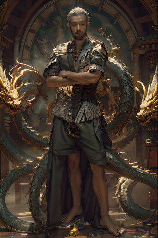 araf man standing with arms crossed in front of dragon, chinese white dragon, dragon_real,(ultra detailed 8k unity CG wallpaper, masterpiece, best quality, extremely detailed, beautiful eyes in every detail: 1.2) , best lighting, (best shadow, extremely delicate and beautiful, full bloom), man surrounded by dragons, super detailed, full body portrait, elementalist full portrait, fusion of man and dragon, photography fantasy, inspired by Zhao Zuo, inspired by Dong Yuan, loong, full body shot, Bare feet, arafed man wearing shirt and shorts posing for photo photo, full body portrait, youth short shot, full body shot, full body shot, full body full portrait, full body photo, wide angle full body shot, photogenic full body shot, full body shot, dimensional photo full body length, long full body photo, full body portrait, full body and head photo