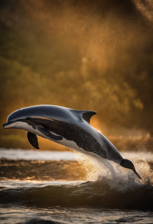 Best Quality, masuter piece, ?A high resolution, (Photorealistic:1.4), Raw photo, Professional Lighting, high-level image quality, high-detail, ?masterpiece?a dolphin?Jumping?the ocean?Mare?Sunset in the background