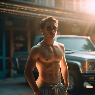 Full angle shot, hyper-realistic photo, handsome man in beachwear, ray tracing, perfect yes, photo on iphone 14 in mirror, short dark hair, cozy bright room :: film grain, Kodak portra 800, f1. 8, golden hour