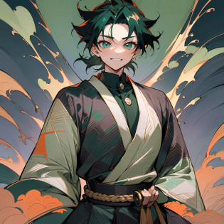 ((Best Quality)), ((Ultra Detailed)), ((Masterpiece)), Best Quality (Katana: 1.4), Serious, (Evening: 1.4), An 18-year-old teenager with black hair tied up, hair pouring down continuously, straight and shiny, gently falling to the waist. Your hair is thick and healthy-looking, and your hair is large and not stuck, in contrast to your fair skin. The young man's eyes were deep and emerald green, as strong as two faint pearls. They reflect calm and curious curiosity. He had a big smile on his face and a wary look in his eyes. The young man showed a confident demeanor and a cheerful aura in the posture of drawing his sword. He wears a white, black, and dark green kimono with a large red ribbon tied around his waist made of high-quality fabric. Give him the look of a swordsman. Around his waist, he carries a black katana with red details on the blade. The long, sharp blade is made of polished steel and reflects light. The scabbard of the sword is decorated with the symbol of the devil. He felt the wind on a rocky mountain. He has a cheerful face. A black cloth was wrapped around his neck. Trees swaying in the background. Kimetsu no Yaiba style, alone, 1boy, demon slayer style, wayward look, smile, confident, only 1, demon slayer art style, full body --auto --s2