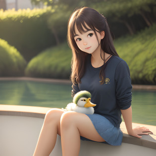 Duck sitting beautiful girl