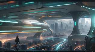 tmasterpiece?16k?UHD resolution?Detailed depiction?photorealestic?realisticlying?Very realistic?Foto realism, The ultra-detailliert, future-tech?Cidade futuristica?((Future girl by the window))?clean energy?Green environmental protection?Small flying machines sail around the city?Futuristic city with futuristic train and futuristic architecture at night? future concept art? Other future cities? in fantasy sci - fi city? Beautiful futuristic city? Utopian cities of the future? Conceptual image 16K resolution? concept art 8k resolution? The future city? futuristic space port? Conceptual diagram 16K? sci-fi hollywood concept art