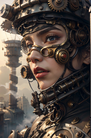 Masterpiece,melhor qualidade,fotorrealista,Melhor sombra,delicado,.RAW,ultra high res,Arte hiper-realista,gallery-grade work,Arte Oficial,wallpaper forced,64 mil,,ultra precision,visualmente impressionante,Obra-prima sublime,peak clarity,1 enorme cidade Steampunk,High-rise buildings covered by behemoth-like mechanical devices,show a scene of sharp contrast,Uma camada de nuvens subindo desordenadamente sobre a cidade,Huge steampunk buildings,The surface is covered with complex gears and mechanical devices,(vision,full view,corpo inteiro:1.2),(Nas paredes da cidade Steampunk,1 soldiers in strong mechanical armor.,Handheld Steam Gun,Guard the safety of the city:1.2),Steampunk,airship,Steam robot,