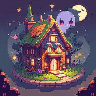 pixelart, retro,mystical forest, detailed, pixel style, witch cabin house, halloween theme, spirits, ghosts, potions, beautiful, high quality, masterpiece, fantasy, magical, creatures, cute monsters, pixel art, pixel, voxel, 8-bit, 16-bit, isometric, game asset, game character, stardew valley, maple story, official art, night time, full moon, dark sky with sparkly stars and moon