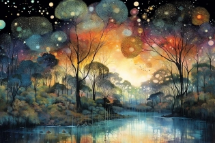A night painting of an abstract ethereal semi - transparent irridecent tropical paradise at night in the style of Jane Crowther, rainbow lighting impressive skies