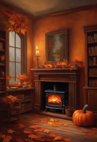 An oil painting of a cozy scene of a fireplace, a bookshelf, and a cup of hot chocolate, with a few fall leaves and one pumpkin on the mantel and the floor.